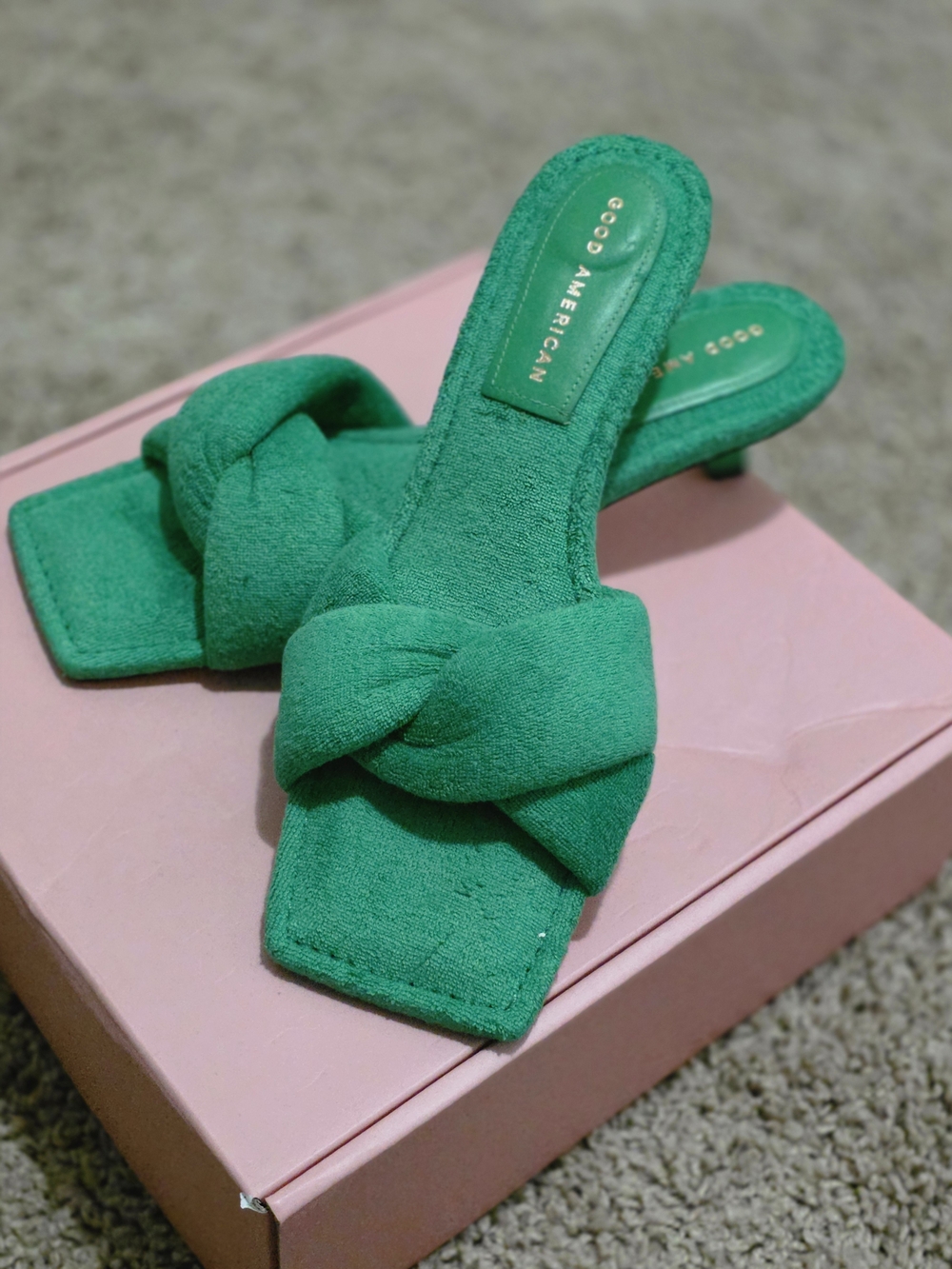 Good American Emerald Green Knotted Square-Toe Kitten Heel Mules